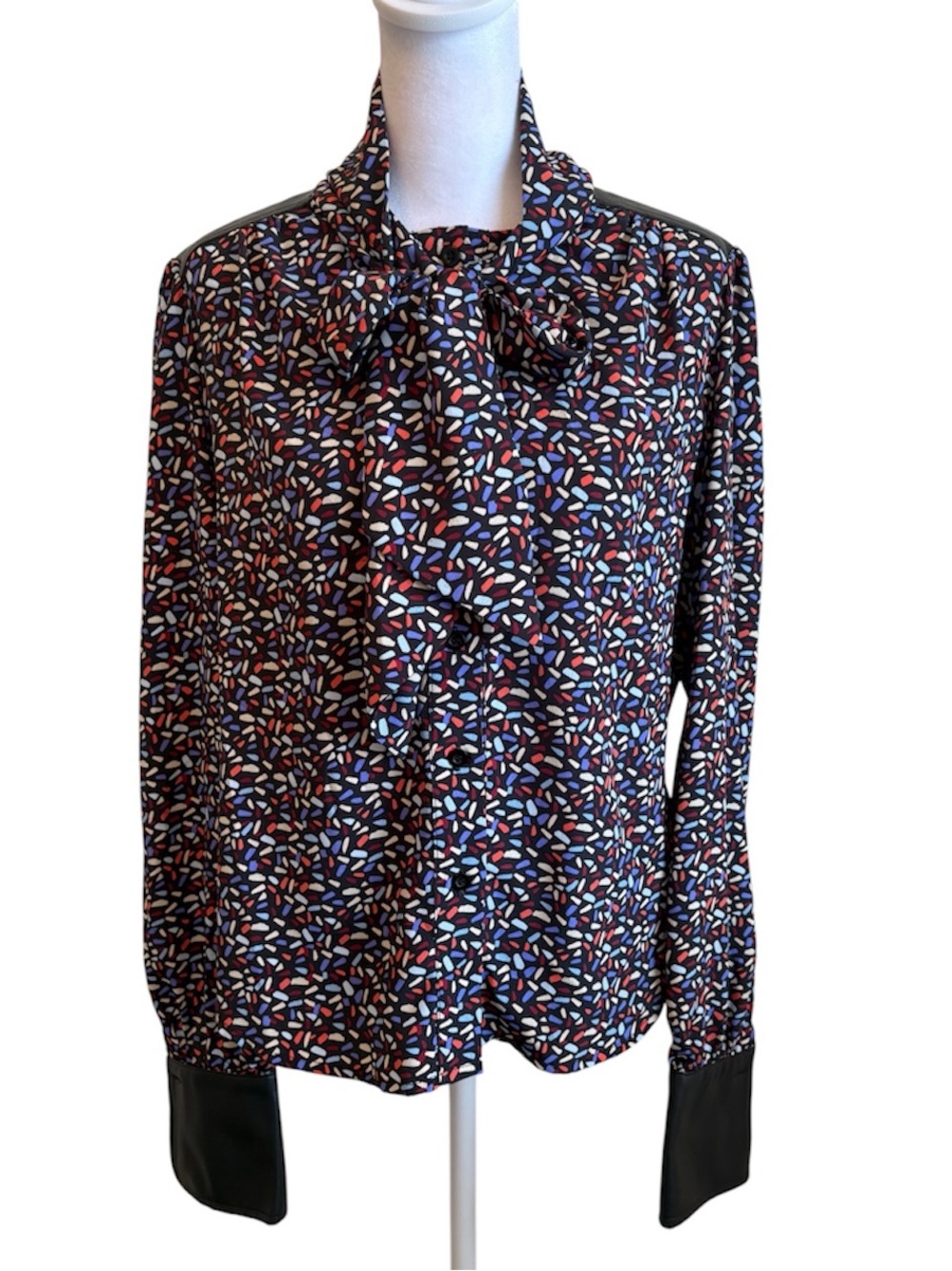 Small Gracia Black Confetti Print Leather Trim Neck Tie Blouse